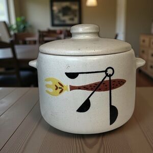 VINTAGE MCM WEST BEND STONEWARE BEAN SOUP POT FONDUE CROCK WITH LID‎